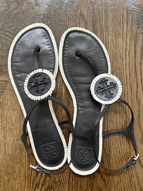 Tory Burch Miller Fringe Black Sandal with White Trim and Logo Medallion 10.5
